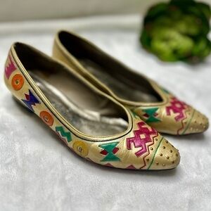 Margaret Jerrold Vintage 80s Leather Flats Aztec Southwestern Print Womens 6.5